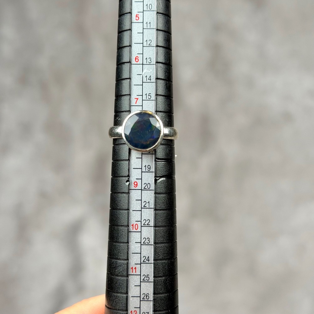 Chunky Dark Round Faceted Goth Black Ethiopian Opal Bezel Set Ring Size 7.5